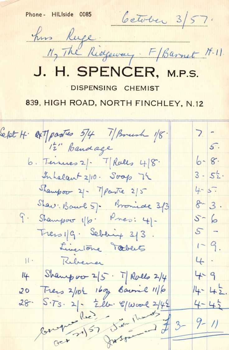Invoice from J H Spencer