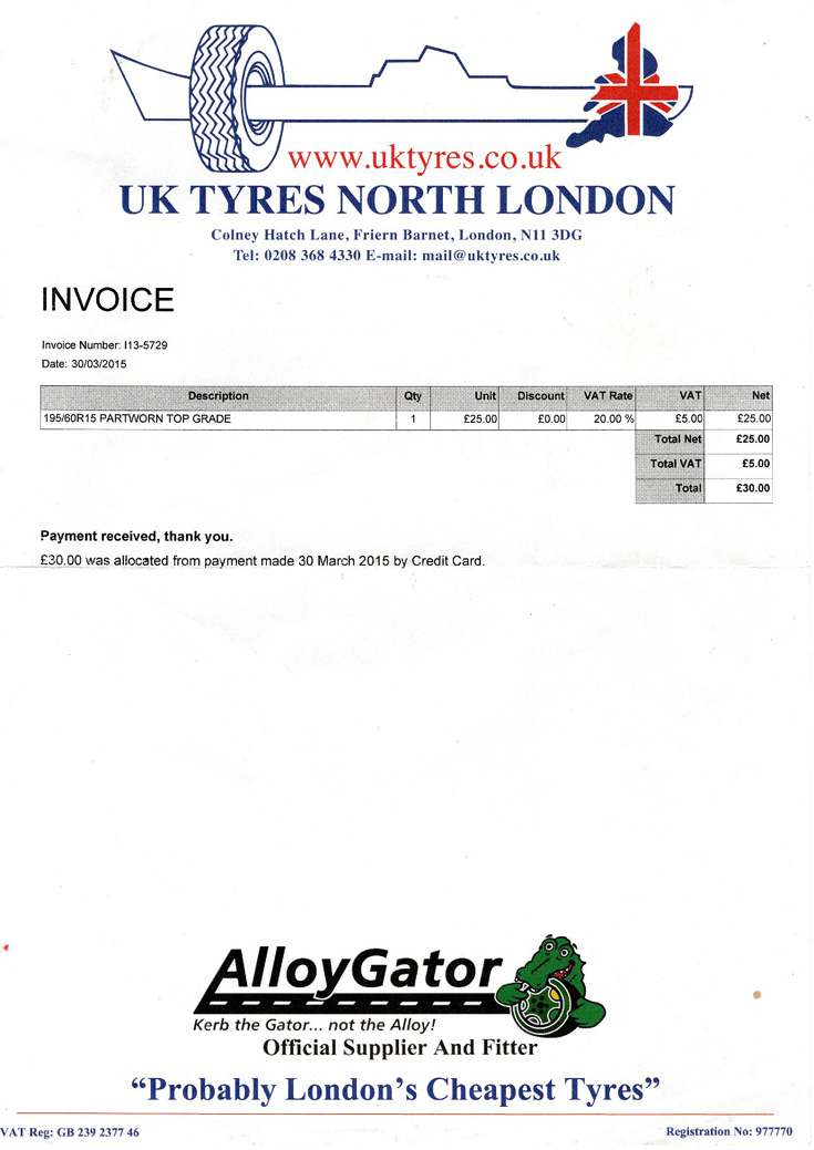 UK Tyres North London invoice