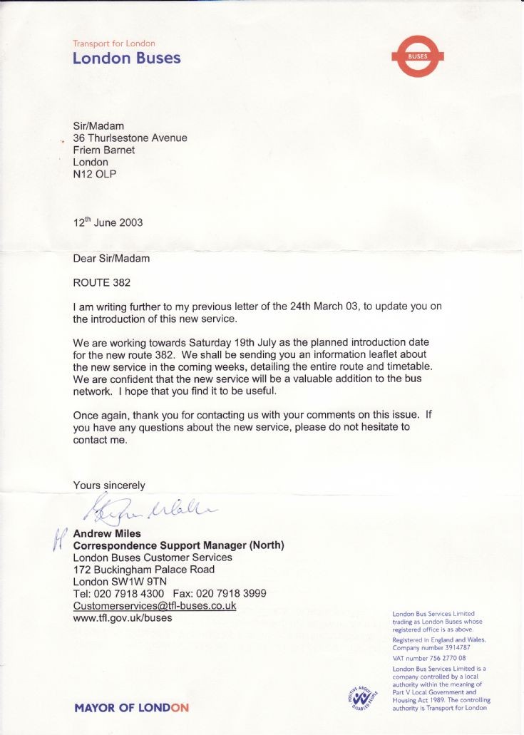 Letter re new bus route 382