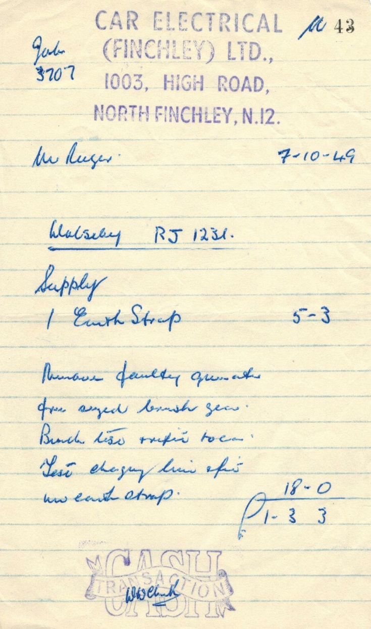 Friern and Finchley Photo Archive Invoice (Car Electrical