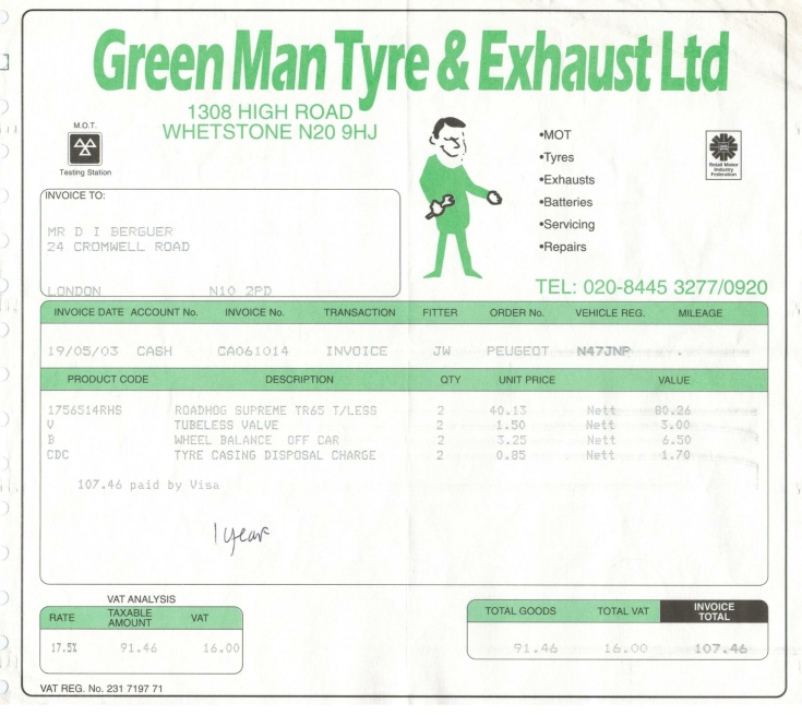 Invoice (Green Man Garage)