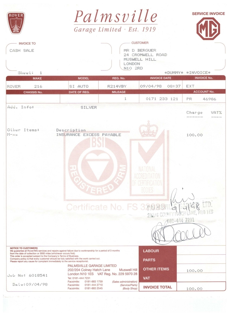 Friern Photo Archive Invoice (Palmsville Garage)